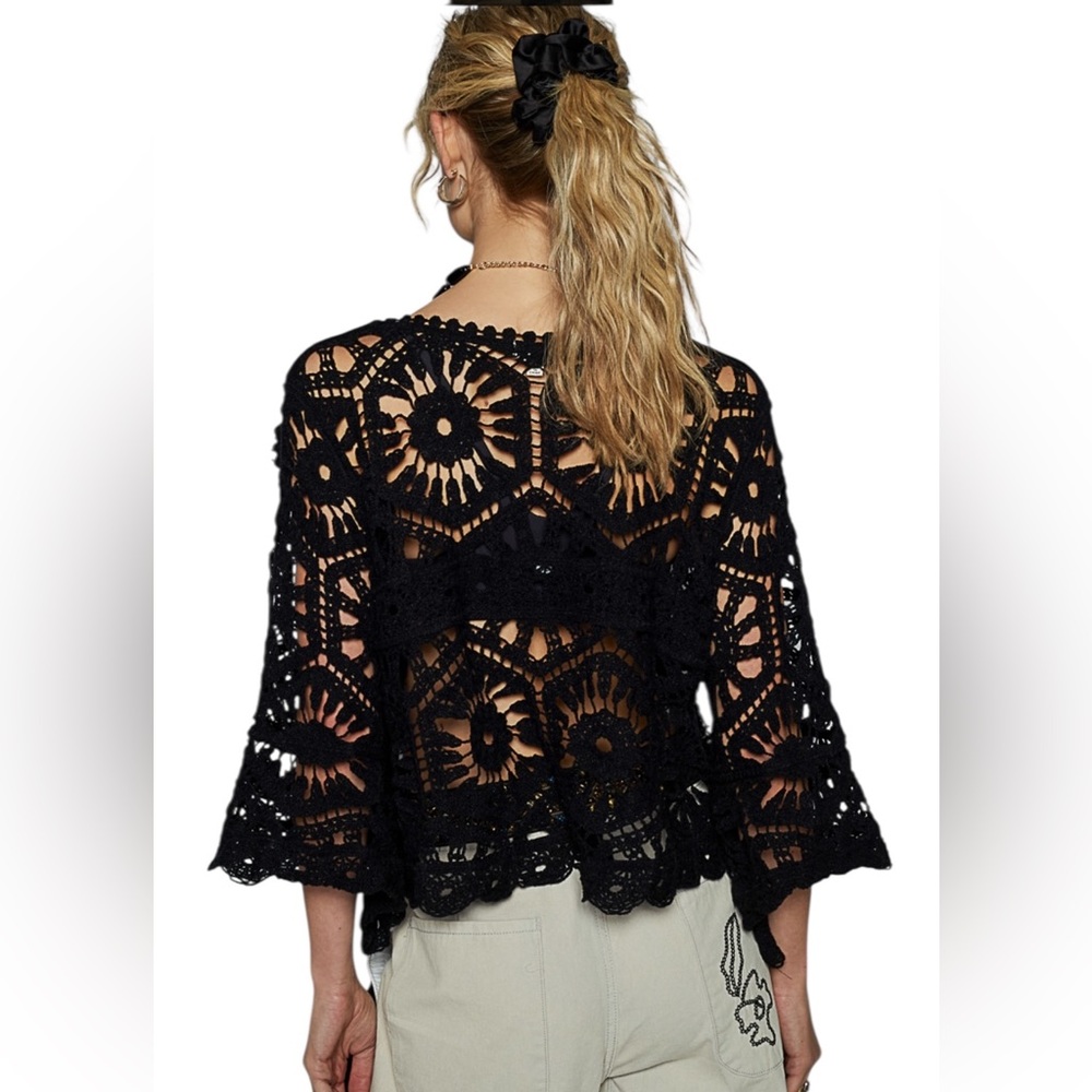 POL Black Crochet Knit Round Neck 3/4 Bell Sleeve Top - Picture 5 of 8